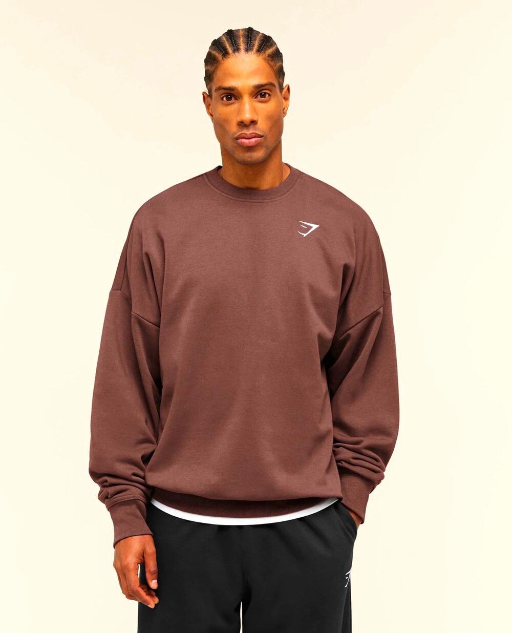 Gymshark Brown Solid Crewneck Pullover Sweatshirt Mens L Logo Fleece Cotton